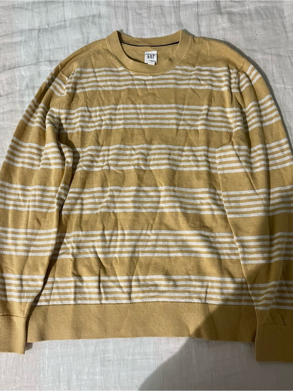 GAP Men's Yellow and White Striped Crewneck Sweater